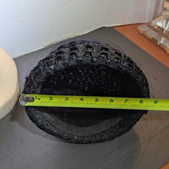 Vintage 50s Black Cellulose Woven Cloche Hat Veiled Mid-Century Mod MCM Bucket